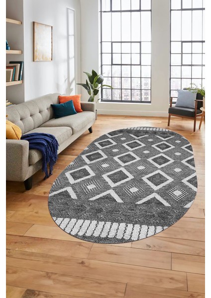 3D Dijital Kaymaz Yıkanabilir Şık Kilim Desen Oval Yolluk Halısı Salon Halısı O-Modern-69-Gri