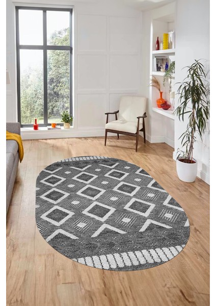 3D Dijital Kaymaz Yıkanabilir Şık Kilim Desen Oval Yolluk Halısı Salon Halısı O-Modern-69-Gri modelleri