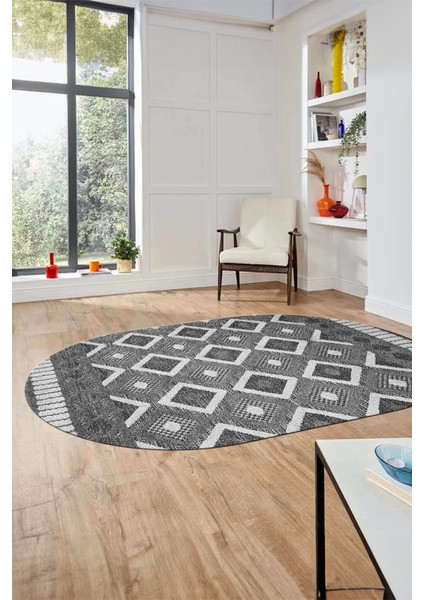 3D Dijital Kaymaz Yıkanabilir Şık Kilim Desen Oval Yolluk Halısı Salon Halısı O-Modern-69-Gri fırsatları