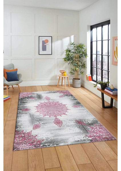 Dijital Kaymaz Taban Yıkanabilir Göbekli Modern Yolluk Mutfak Salon Halısı Modern-06-Pembe