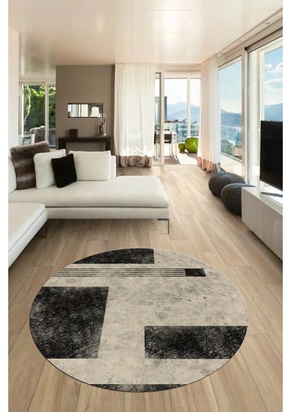 Baskılı Kaymaz Taban Yıkanabilir Modern Yuvarlak Mutfak Salon Halısı Y-Modern-93-Antrasit