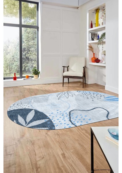 Yaprak Desen Modern Tasarım Dijital Kaymaz Yıkanabilir Oval Yolluk Salon Halısı O-Modern-79-Mavi