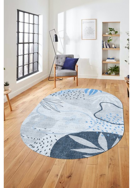 Yaprak Desen Modern Tasarım Dijital Kaymaz Yıkanabilir Oval Yolluk Salon Halısı O-Modern-79-Mavi