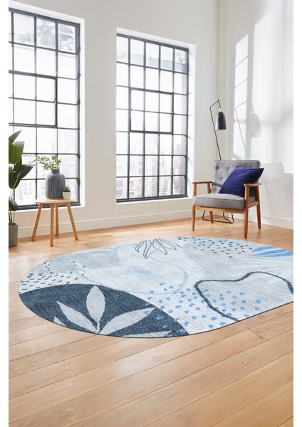 Yaprak Desen Modern Tasarım Dijital Kaymaz Yıkanabilir Oval Yolluk Salon Halısı O-Modern-79-Mavi