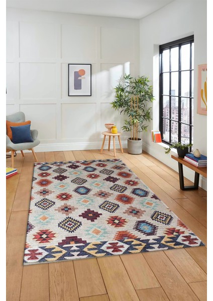 Etnik Baskılı Kaymaz Taban Yıkanabilir Modern Yolluk Salon Halısı Modern-99-Renkli modelleri