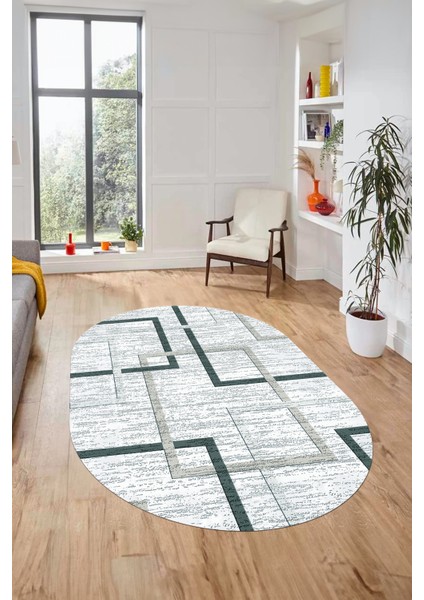 Sade Desen Modern Tasarım Dijital Kaymaz Yıkanabilir Oval Yolluk Salon Halısı O-Modern-80-Mavi