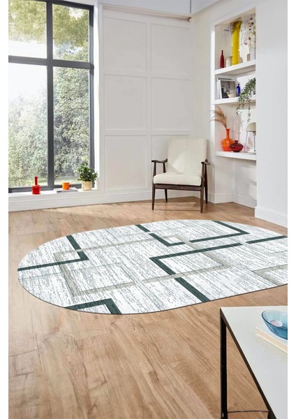 Sade Desen Modern Tasarım Dijital Kaymaz Yıkanabilir Oval Yolluk Salon Halısı O-Modern-80-Mavi