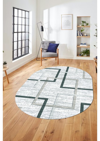 Sade Desen Modern Tasarım Dijital Kaymaz Yıkanabilir Oval Yolluk Salon Halısı O-Modern-80-Mavi