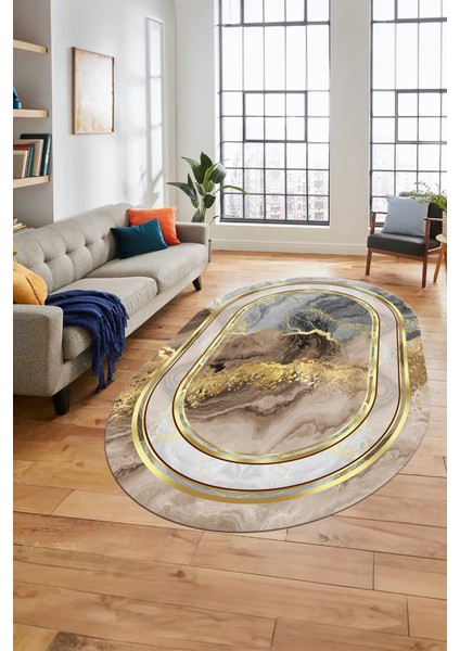 Baskılı Kaymaz Yıkanabilir Modern Mermer Desen Oval Yolluk Salon Halısı O-Modern-46-Gold fiyatları