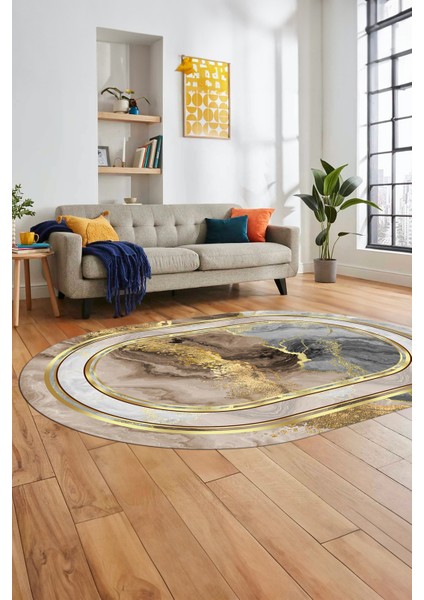 Baskılı Kaymaz Yıkanabilir Modern Mermer Desen Oval Yolluk Salon Halısı O-Modern-46-Gold modelleri