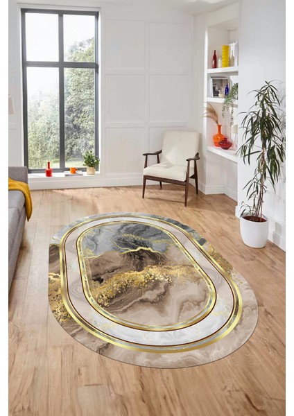 Baskılı Kaymaz Yıkanabilir Modern Mermer Desen Oval Yolluk Salon Halısı O-Modern-46-Gold fırsatları