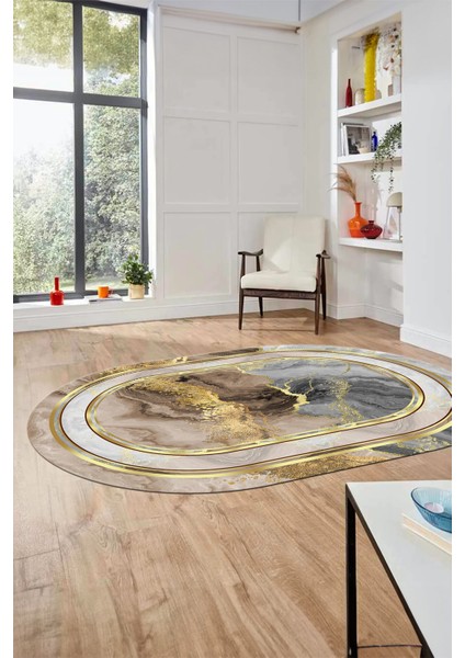 Baskılı Kaymaz Yıkanabilir Modern Mermer Desen Oval Yolluk Salon Halısı O-Modern-46-Gold indirimleri