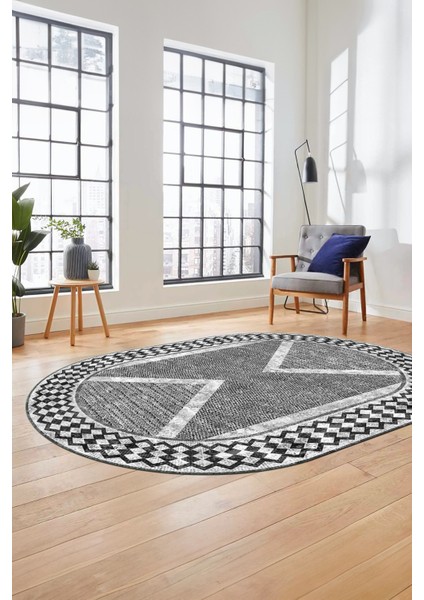 Baskılı Ince Kaymaz Taban Yıkanabilir Modern Yolluk Mutfak Oval Salon Halısı O-Modern-07-Antrasit
