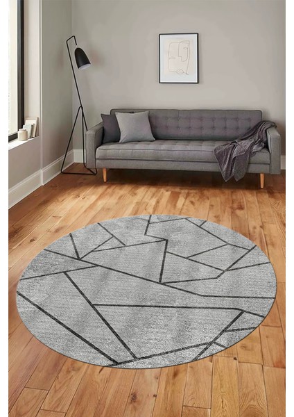 Sade Desenli Baskılı Kaymaz Taban Yıkanabilir Yuvarlak Mutfak Salon Halısı Y-MODERN-117-GRİ