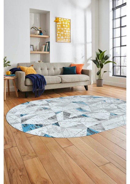Modern Desen Özel Tasarım Dijital Kaymaz Yıkanabilir Oval Yolluk Salon Halısı O-Modern-82-Mavi