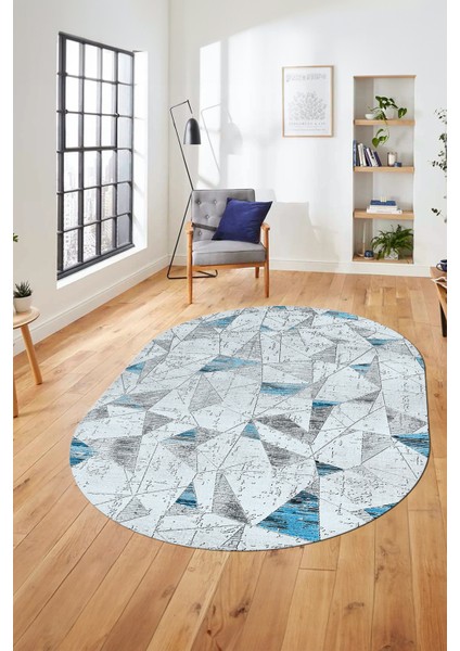Modern Desen Özel Tasarım Dijital Kaymaz Yıkanabilir Oval Yolluk Salon Halısı O-Modern-82-Mavi fırsatları