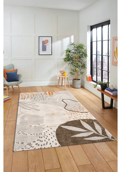Yaprak Desen Modern Tasarım Dijital Kaymaz Yıkanabilir Yolluk Mutfak Salon Halısı Modern-79-Vizon fırsatları