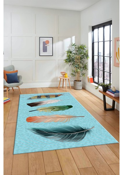 Yaprak Desen Baskılı Kaymaz Taban Yıkanabilir Modern Yolluk Salon Halısı MODERN-114-MAVİ fiyatları