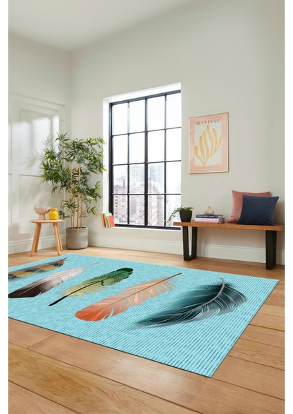 Yaprak Desen Baskılı Kaymaz Taban Yıkanabilir Modern Yolluk Salon Halısı MODERN-114-MAVİ modelleri