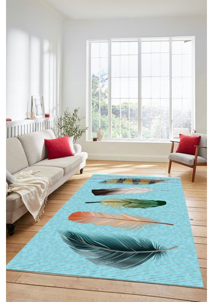 Yaprak Desen Baskılı Kaymaz Taban Yıkanabilir Modern Yolluk Salon Halısı MODERN-114-MAVİ fırsatları