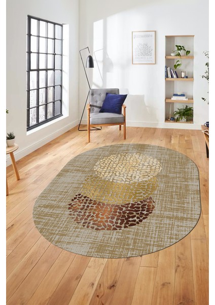 Baskılı Kaymaz Taban Yıkanabilir Modern Yolluk Mutfak Oval Salon Halısı O-Modern-01-Kahve
