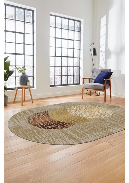 Baskılı Kaymaz Taban Yıkanabilir Modern Yolluk Mutfak Oval Salon Halısı O-Modern-01-Kahve