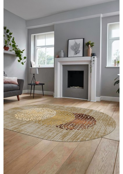 Baskılı Kaymaz Taban Yıkanabilir Modern Yolluk Mutfak Oval Salon Halısı O-Modern-01-Kahve