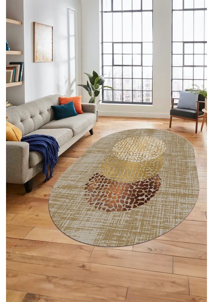 Baskılı Kaymaz Taban Yıkanabilir Modern Yolluk Mutfak Oval Salon Halısı O-Modern-01-Kahve
