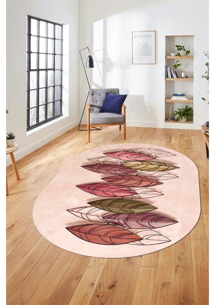 Baskılı Kaymaz Taban Yıkanabilir Yaprak Desenli Yolluk Mutfak Oval Salon Halısı O-Modern-08-Bordo