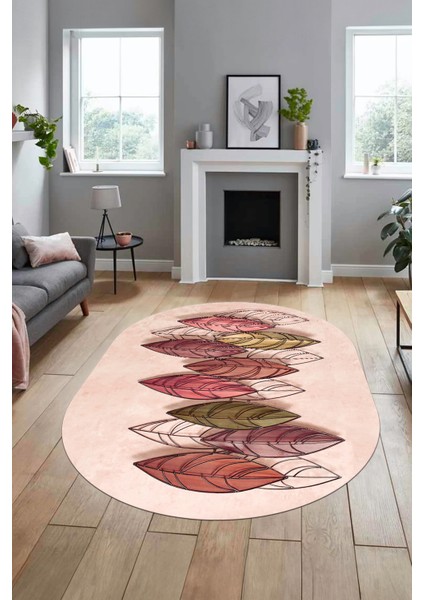 Baskılı Kaymaz Taban Yıkanabilir Yaprak Desenli Yolluk Mutfak Oval Salon Halısı O-Modern-08-Bordo