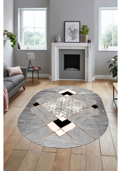 Şık Modern Desenli Dijital Kaymaz Yıkanabilir Oval Yolluk Mutfak Salon Halısı O-Modern-12-Gri modelleri