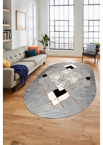 Şık Modern Desenli Dijital Kaymaz Yıkanabilir Oval Yolluk Mutfak Salon Halısı O-Modern-12-Gri indirimleri