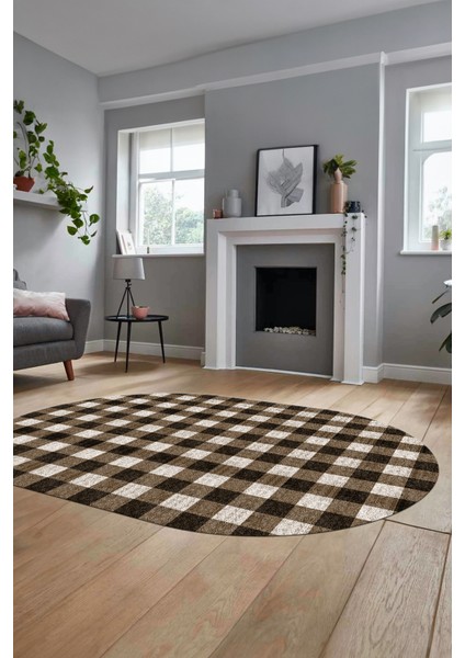 Baskılı Kaymaz Yıkanabilir Modern Oval Koridor Halısı Halısı Salon Halısı O-Modern-55-Kahve