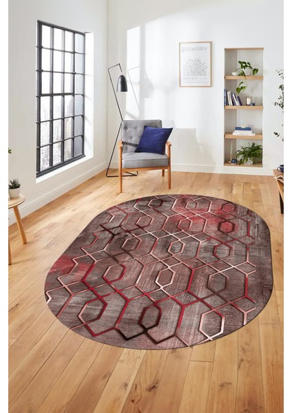 Modern Desen Dijital Kaymaz Yıkanabilir Oval Yolluk Mutfak Salon Halısı O-Modern-90-Pembe fırsatları