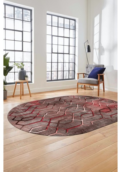 Modern Desen Dijital Kaymaz Yıkanabilir Oval Yolluk Mutfak Salon Halısı O-Modern-90-Pembe indirimleri