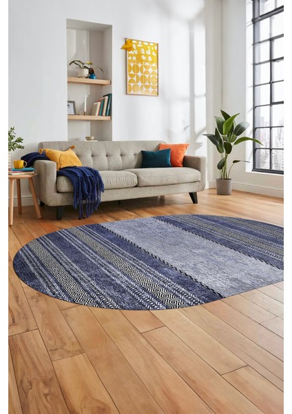 Kilim Desen Özel Tasarım Dijital Kaymaz Yıkanabilir Oval Yolluk Salon Halısı O-Modern-83-Mavi