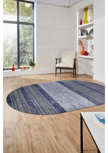 Kilim Desen Özel Tasarım Dijital Kaymaz Yıkanabilir Oval Yolluk Salon Halısı O-Modern-83-Mavi