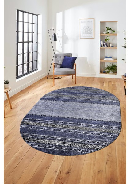 Kilim Desen Özel Tasarım Dijital Kaymaz Yıkanabilir Oval Yolluk Salon Halısı O-Modern-83-Mavi