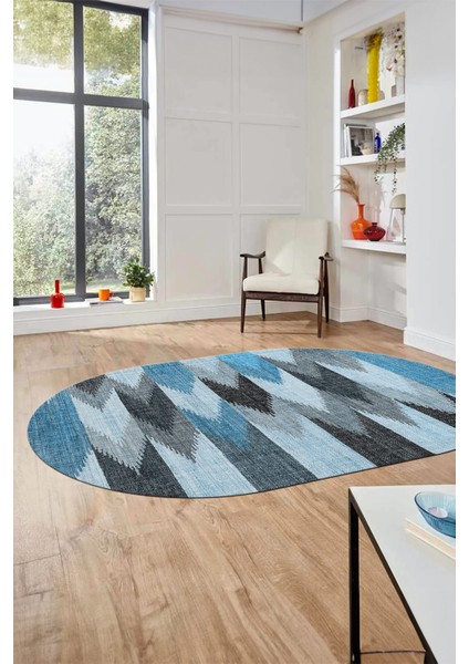 Renkli Desen Baskılı Kaymaz Taban Yıkanabilir Modern Oval Yolluk Salon Halısı O-MODERN-104-MAVİ fiyatları