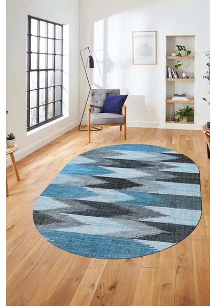 Renkli Desen Baskılı Kaymaz Taban Yıkanabilir Modern Oval Yolluk Salon Halısı O-MODERN-104-MAVİ modelleri