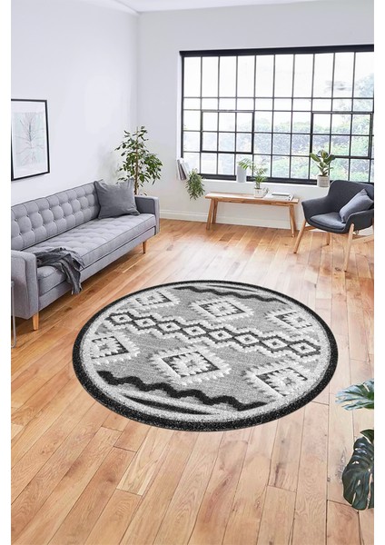 3D Kaymaz Yıkanabilir Şık Kilim Desen Yuvarlak Mutfak Halısı Salon Halısı Y-Modern-68-Gri