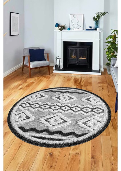 3D Kaymaz Yıkanabilir Şık Kilim Desen Yuvarlak Mutfak Halısı Salon Halısı Y-Modern-68-Gri