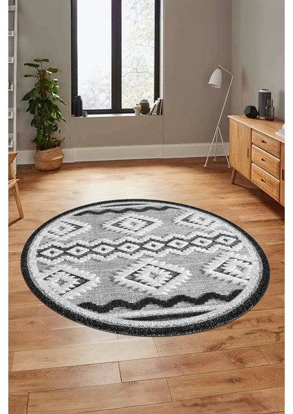 3D Kaymaz Yıkanabilir Şık Kilim Desen Yuvarlak Mutfak Halısı Salon Halısı Y-Modern-68-Gri