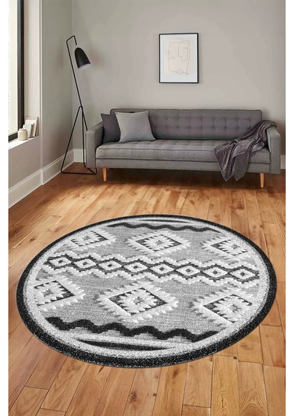 3D Kaymaz Yıkanabilir Şık Kilim Desen Yuvarlak Mutfak Halısı Salon Halısı Y-Modern-68-Gri