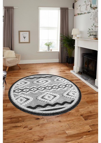 3D Kaymaz Yıkanabilir Şık Kilim Desen Yuvarlak Mutfak Halısı Salon Halısı Y-Modern-68-Gri