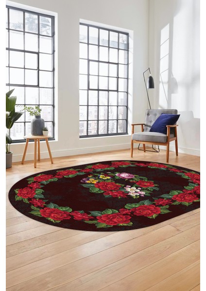 Modern Çiçek Dijital Kaymaz Yıkanabilir Oval Yolluk Mutfak Salon Halısı O-Modern-21-Bordo