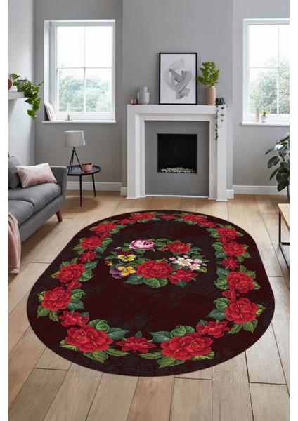 Modern Çiçek Dijital Kaymaz Yıkanabilir Oval Yolluk Mutfak Salon Halısı O-Modern-21-Bordo fiyatları