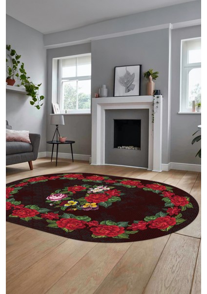 Modern Çiçek Dijital Kaymaz Yıkanabilir Oval Yolluk Mutfak Salon Halısı O-Modern-21-Bordo modelleri