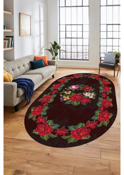 Modern Çiçek Dijital Kaymaz Yıkanabilir Oval Yolluk Mutfak Salon Halısı O-Modern-21-Bordo fırsatları