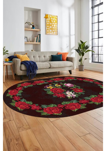 Modern Çiçek Dijital Kaymaz Yıkanabilir Oval Yolluk Mutfak Salon Halısı O-Modern-21-Bordo indirimleri